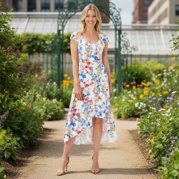 NWT Adrianna Papell Ivory Floral High Low Midi Dress - Picture 1 of 9